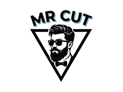 Vintage barbershop logo with bearded man, Mr Cut masculine grooming emblem, retro hipster hair salon vector illustration