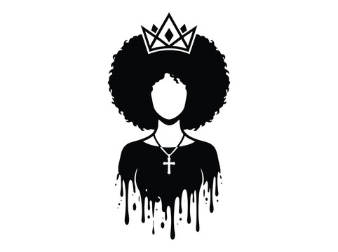 Black woman silhouette with afro hair and crown, queen portrait with cross necklace, dripping paint effect vector art