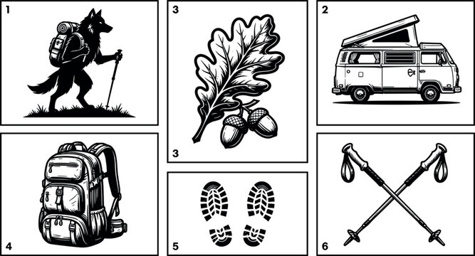 Outdoor adventure wilderness kit containing hiking backpack camper van oak leaves trekking poles wolf traveler and bootprints
