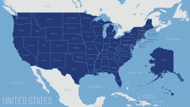 blue map of united states africa with state borders, silhouettes and neighboring country geography, editable vector illustration