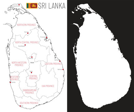 detailed vector map of sri lanka with provincial borders, major cities, flag and national silhouette