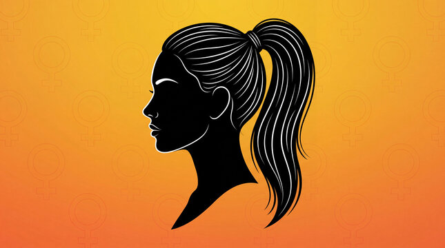 A graphic silhouette profile of a woman with a high ponytail set against a vibrant orange background featuring multiple female gender symbol icons.
