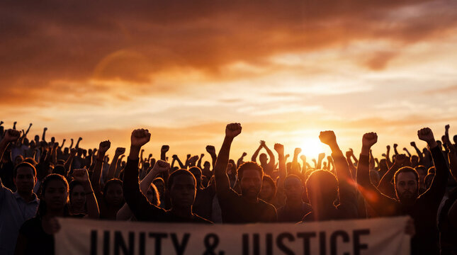 A diverse crowd of people protesting with raised fists and a banner reading Unity and Justice against a vibrant sunset sky, representing activism and equality.