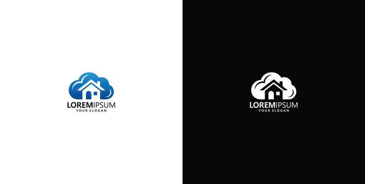 Minimalist cloud house logo design for real estate and cloud hosting services featuring home icons on black and white backgrounds