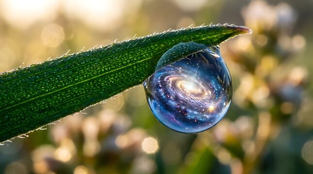 Galaxy reflection inside a water droplet on leaf.