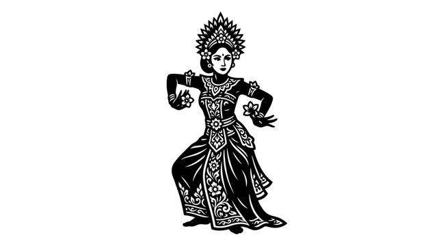 Detailed Balinese female dancer in traditional ceremony attire.
