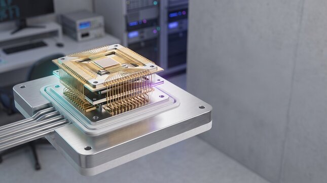 Complex quantum computing processor unit with golden gold wire bonding on high tech laboratory test bench