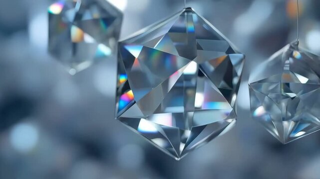 Faceted Geometric Crystal Ornament Hanging in Sparkling Blue Abstract Space Installation