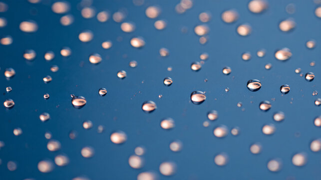 Premium minimalist nature wallpaper, countless tiny natural rain droplets scattered across a smooth deep blue outdoor surface, each droplet reflecting soft ivory daylight,