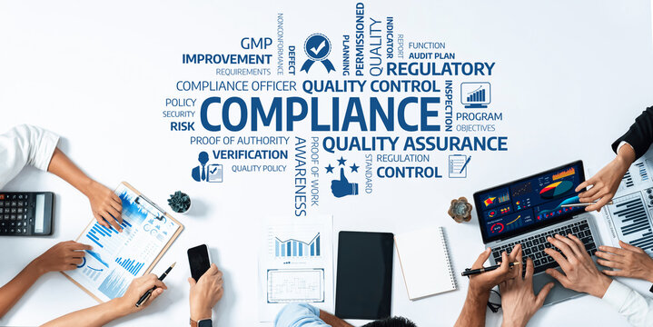 This image showcases a collaborative workspace focused on compliance and quality control, highlighting key elements in business operations and regulatory practices aimed at improvement. Amity