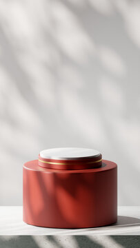 A luxurious podium in Lipstick Red with gold stripe. Placed on a Rounded board over Base cement texture with White backdrop. Nature gobos light