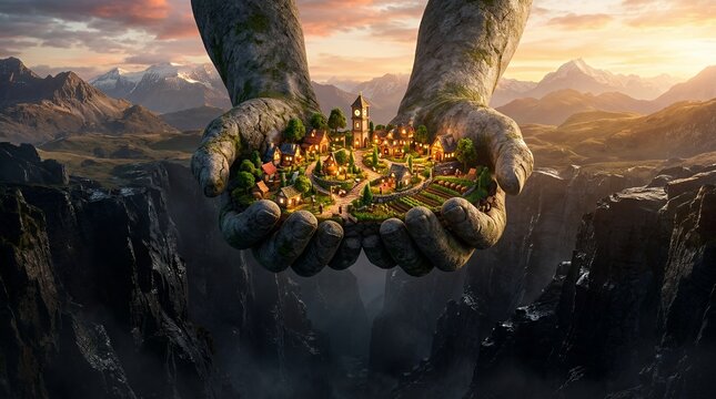 Giant stone hands holding a mountain village.