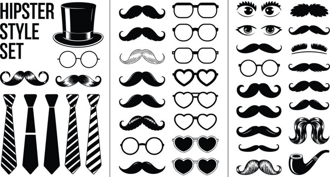 Hipster style photo booth props icon set featuring mustache variations neckties glasses top hat and smoking pipe silhouettes
