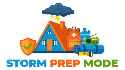 Naklejka premium A comprehensive storm preparation graphic featuring a house, emergency kit, and safety equipment, emphasizing the importance of being prepared and proactive during emergencies.