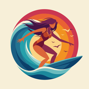 An adventurous female surfer gracefully rides a wave during sunset, showcasing the thrill of surfing and the beauty of nature, capturing the essence of freedom and excitement.