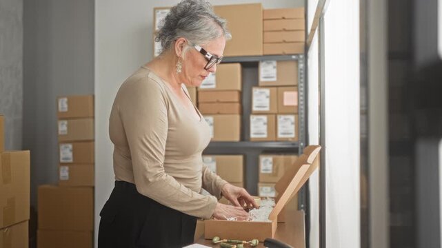 Woman packing cardboard box with hands, arranging bubblewrap and labels at a small packing table in building; small business calm.