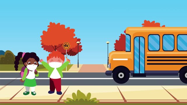 Little students wearing face masks at bus stop for back to school animation.