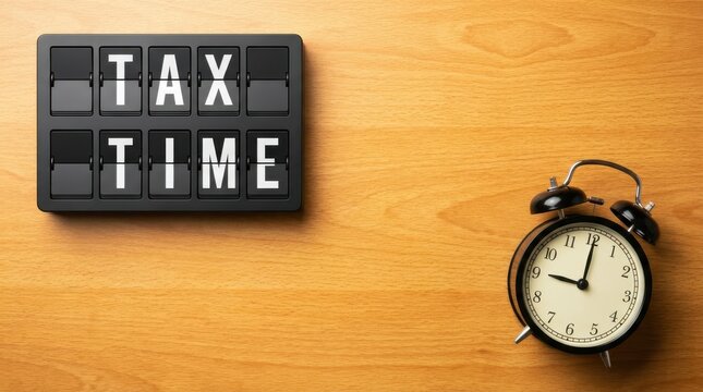 A retro flip clock displaying 'tax time' alongside a vintage alarm clock on a wooden desk.