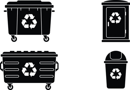 Street garbage bin and large recycling dumpster solid black icons for waste management sanitation graphic vector