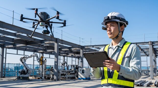 ドローンと産業用ロボットを活用する建設現場の技術者、建設DX