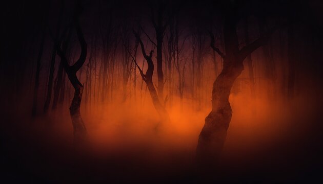 Dark Spooky Forest with Glowing Orange Fog and Gnarled Tree Silhouettes for Halloween