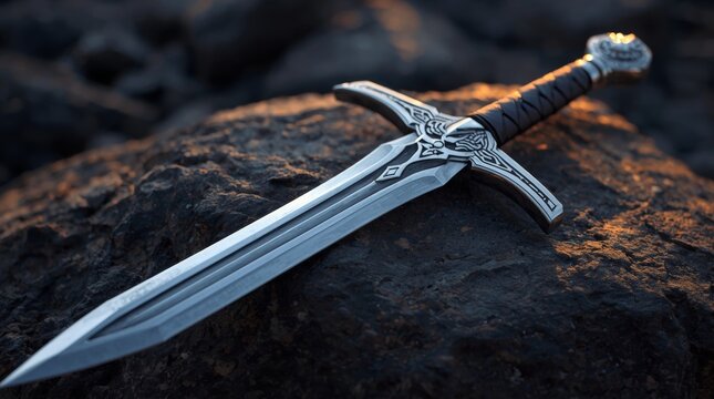 Elegant intricately designed sword with ornate hilt resting on dark rough stone surface with fantasy