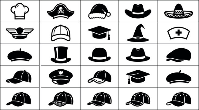 Various hats and headwear icon set vector illustration featuring cowboy chef pirate cap graduation hat silhouettes