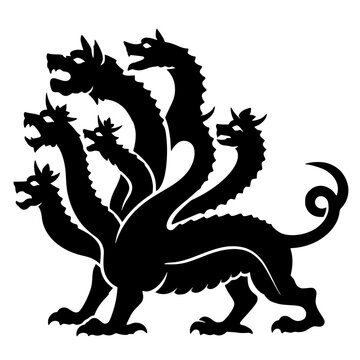 Bold black silhouette of a Hydra multi-headed serpent beast from Greek mythology, minimalist heraldic style illustration perfect for mythology, fantasy, tattoo, and gaming themes.