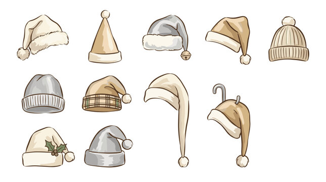 Collection of various winter hats and headwear including beanies caps and scarves
