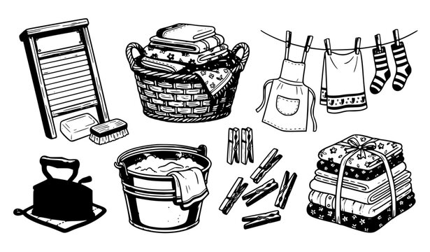Collection of vintage laundry and household cleaning supplies hand drawn in a black and white sketch style