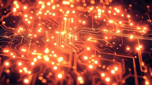 Glowing Circuit Board Pattern with Orange Electronic Pathway Lights and Technology Glow