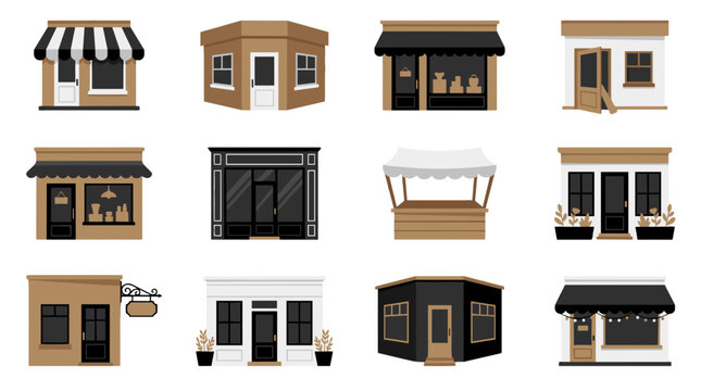 Collection of various small shop storefronts with different architectural styles
