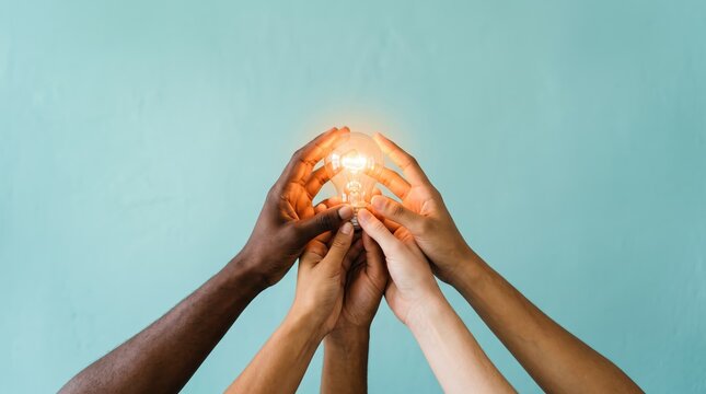 Diverse hands holding glowing lightbulb symbolizing unity, teamwork, and new ideas, collaboration for social responsibility and community support, representing innovation