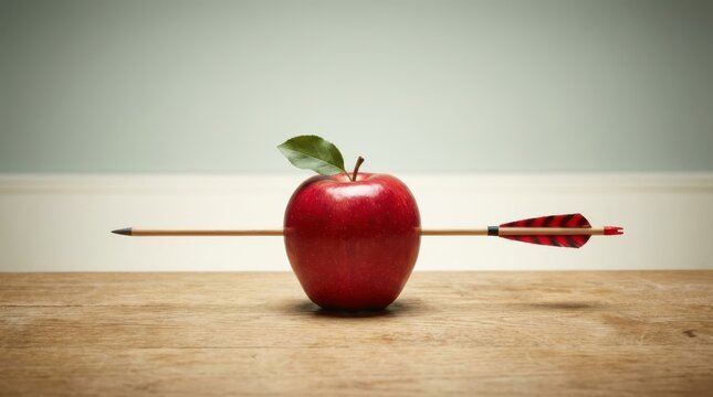 Single wooden arrow pierces fresh red apple on wooden table representing business precision and target goals.