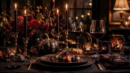 Naklejka premium キャンドルの柔らかな光と赤ワインが食卓を彩るお洒落でシックな大人のハロウィンディナーテーブルコーディネート