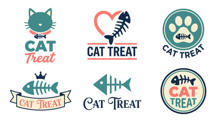 Fototapeta premium A playful collection of logos featuring cat treats, showcasing adorable designs that encapsulate love for pets, creativity, and the joy of spoiling furry companions.