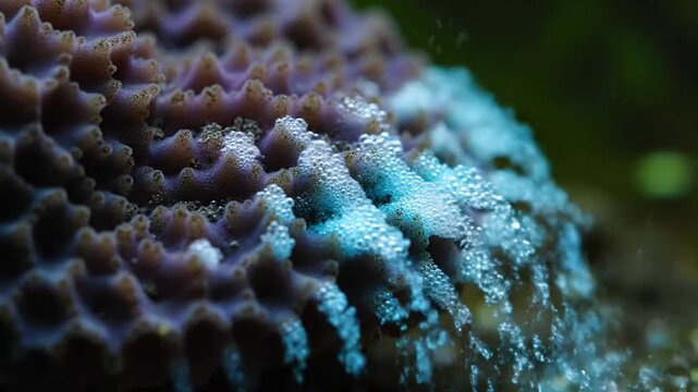 Close-up of a vibrant purple coral with intricate textures and details in an aquarium setting.
