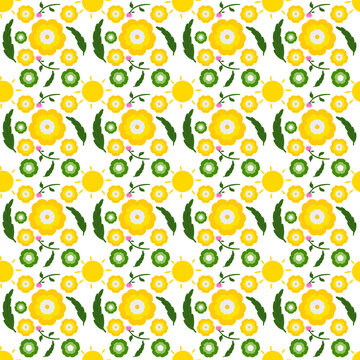 A continuous floral pattern featuring cheerful yellow flowers, green foliage, small pink blossoms, and decorative botanical elements.