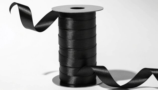 Black satin ribbon spool on a white background with white surface ends