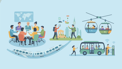 Naklejka premium Global teamwork and urban transportation illustration