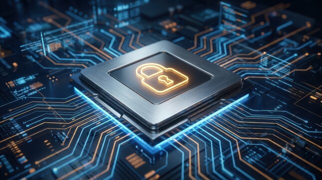 Digital security processor with illuminated padlock symbol on high tech motherboard circuit board design.