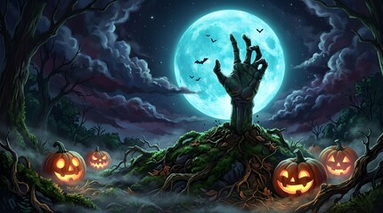 Fototapeta premium Spooky zombie hand reaching out from a graveyard at night beautifully captured