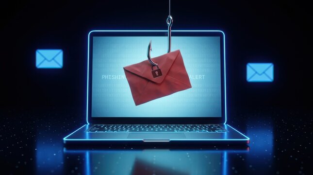 A phishing alert concept with a red email envelope hooked on a fishing hook on a laptop screen.