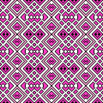 Seamless geometric pattern with vibrant pink and light pink diamond motifs, crosses, and symmetrical ornamental shapes