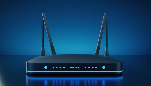 Black wireless router with blue lights sits on a reflective surface against a blue background