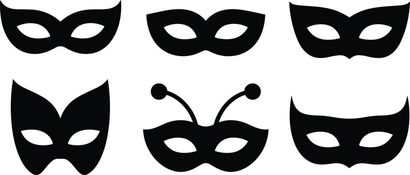 Venetian masquerade mask silhouette vector icon set for mardi gras carnival party festival celebration and mystery event