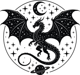 Celestial dragon with starry wings inside a circular frame with crescent moon stars and saturn planet vector © MDRAHIM