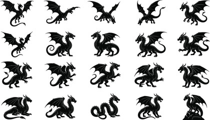 Fototapeta premium Large collection of various mythical dragon black vector silhouettes representing different medieval fantasy creature characters icons