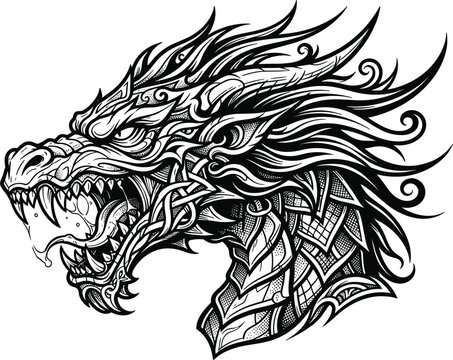 Aggressive roaring dragon head profile tattoo mascot emblem with intricate scales line art isolated on white background