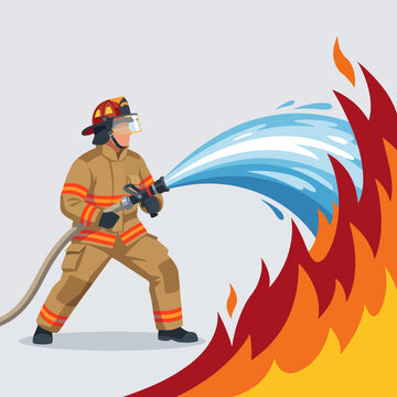 A courageous firefighter in action using a hose to extinguish flames, showcasing bravery and heroism in emergency response and fire safety awareness.